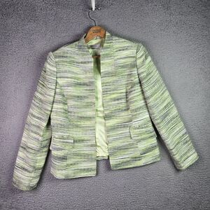 Kasper Blazer 12 Green Open Front Striped Lined Career Modern Textured Colorful